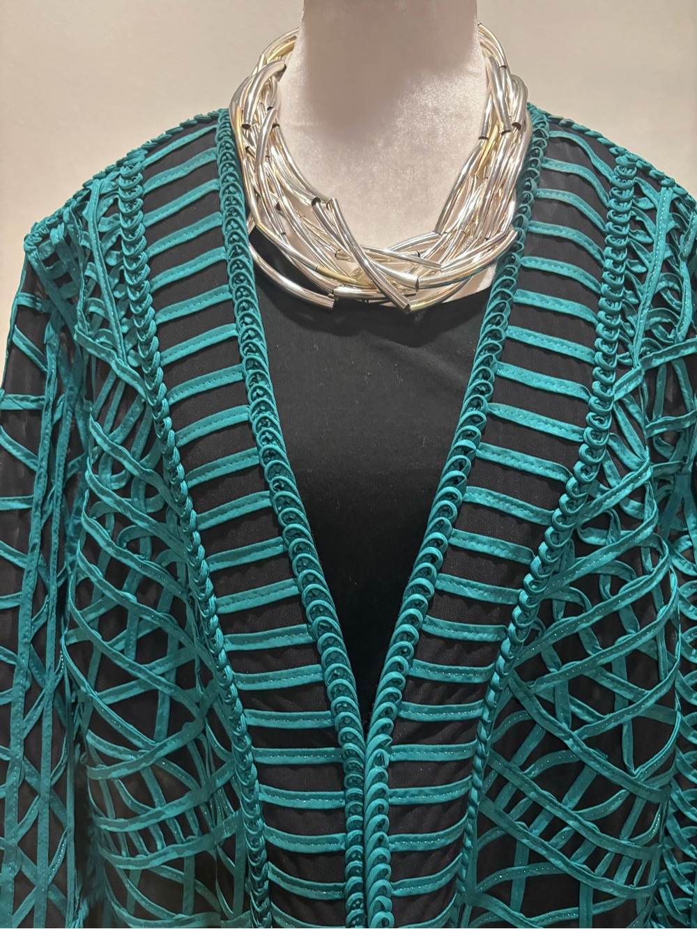 Chico's Travelers turquoise & black mesh jacket soutache ribbon embroidery 3 XL - Picture 2 of 9